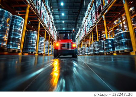 Counterbalance forklift inside industrial warehouse of logistic centre. 122247120