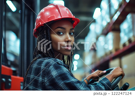 Narrow aisle forklift  driven by young black woman. Narrow aisle forklift  driven by young black woman. 122247124