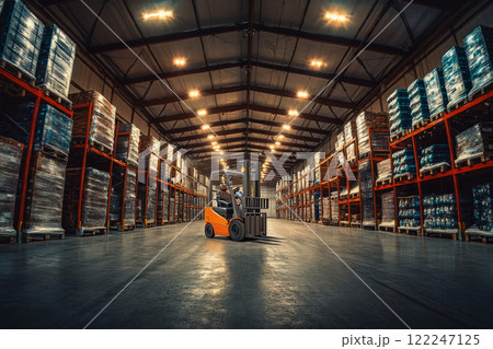 Within an industrial warehouse of logistics center, counterbalance forklift moves along floor. 122247125