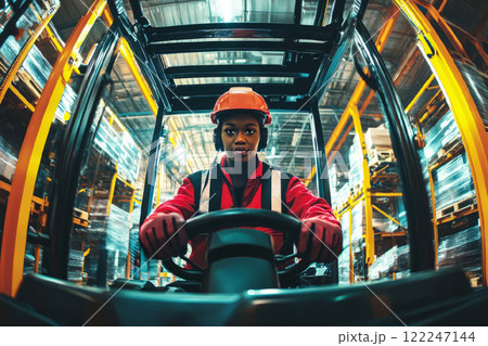 Warehouse forklift operates young black woman in hard hat and ear protection. 122247144