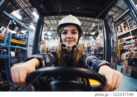 Warehouse electric counterbalance forklift truck driven by young European woman. Warehouse electric counterbalance forklift truck driven by young European woman. 122247146