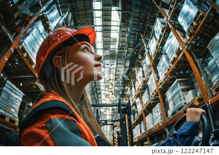 Electric order picker operates by young caucasian woman inside industrial warehouse. Electric order picker operates by young caucasian woman inside industrial warehouse. 122247147