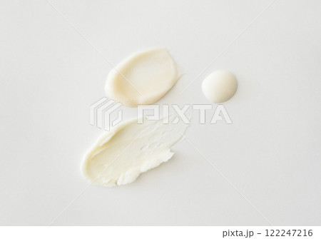 Creamy skincare beauty products texture samples on white background Creamy skincare beauty products texture samples on white background 122247216