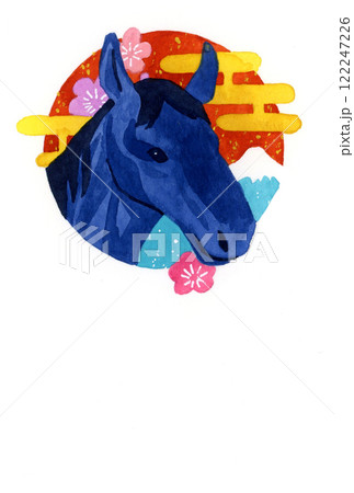 2026年・令和8年　和風の午年年賀状素材（手描き水彩イラスト） 122247226