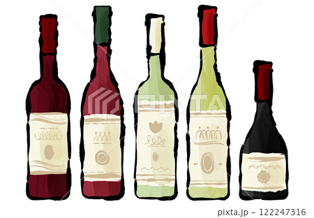 ボトルワインのベクターイラストセット 筆書き 手描き 手書き 赤ワイン 白ワイン シャンパン 水彩画 122247316