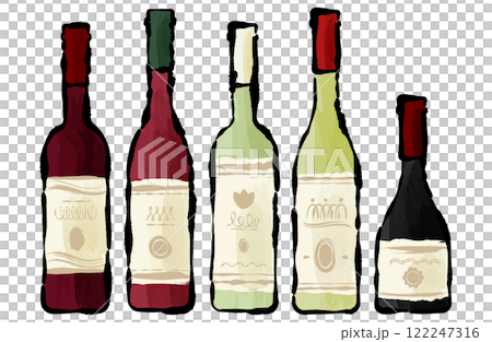 Vector illustration set of bottled wine Brush writing Hand-drawn Handwriting Red wine White wine Champagne Watercolor Vector illustration set of bottled wine Brush writing Hand-drawn Handwriting Red wine White wine Champagne Watercolor 122247316