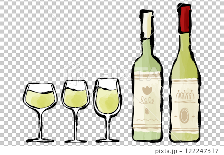 白葡萄酒瓶和玻璃刷書寫手繪水彩的向量插圖集 122247317