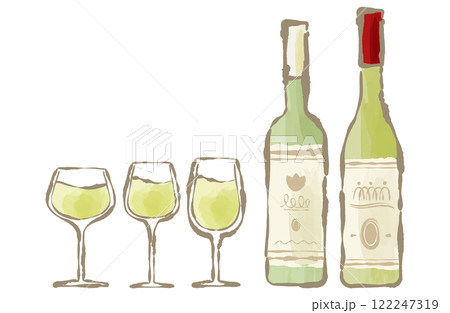 白ワインボトル&グラスのベクターイラストセット 筆書き 手描き 手書き 水彩画 白ワインボトル&グラスのベクターイラストセット 筆書き 手描き 手書き 水彩画 122247319