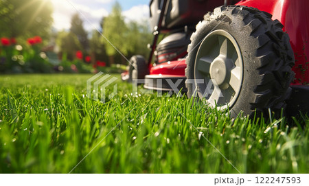 Close Up of Lawn Mower on Green Grass 122247593