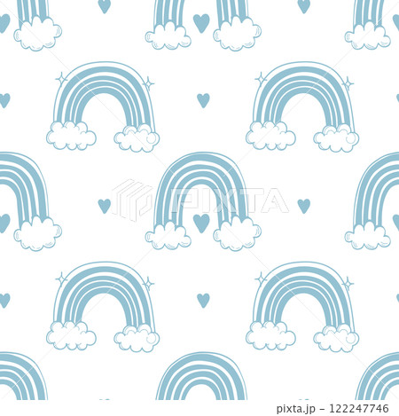 Seamless pattern with rainbows with clouds, stars and hearts. Cute pastel background, hand drawn illustration. 122247746