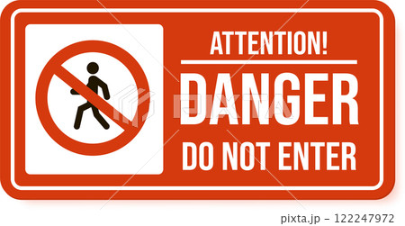 Orange rectangular sign with white borders displays a no pedestrian access symbol, indicating potential danger and restricted entry, with attention., danger, and do not enter written in white 122247972