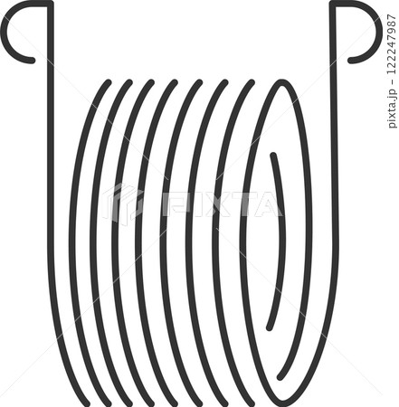Continuous line drawing depicting a tensioned metal coil spring that elegantly forms a parabola, set against a clean white background, emphasizing its geometric simplicity and industrial design 122247987