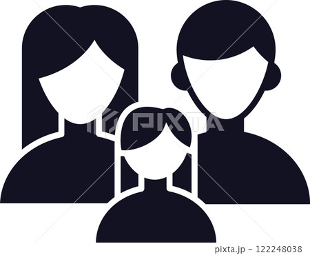 Stylized vector graphic depicting a family unit composed of a mother, father and daughter, symbolizing family values, relationships, and parental love 122248038