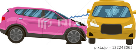 Two cars involved in a traffic accident, a pink SUV crashing into a yellow car, causing visible damage to both vehicles, illustrating a road collision 122248063