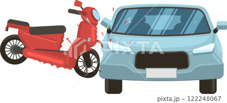 Road accident involving a red scooter crashing into the side of a light blue car, causing damage to both vehicles, depicted in a front view Road accident involving a red scooter crashing into the side of a light blue car, causing damage to both vehicles, depicted in a front view 122248067