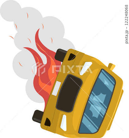 Yellow bus on fire emitting smoke after dangerous road accident, representing consequences of reckless driving and importance of road safety Yellow bus on fire emitting smoke after dangerous road accident, representing consequences of reckless driving and importance of road safety 122248068
