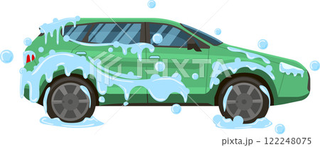 Green car shown in profile view, enjoying a thorough car wash, enveloped in soap suds and water, representing the essence of car cleaning and maintenance Green car shown in profile view, enjoying a thorough car wash, enveloped in soap suds and water, representing the essence of car cleaning and maintenance 122248075