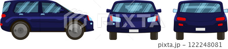 Three views of a dark blue SUV car showcasing its front, side, and rear, perfect for automotive design, advertising, or any project needing a versatile car illustration Three views of a dark blue SUV car showcasing its front, side, and rear, perfect for automotive design, advertising, or any project needing a versatile car illustration 122248081