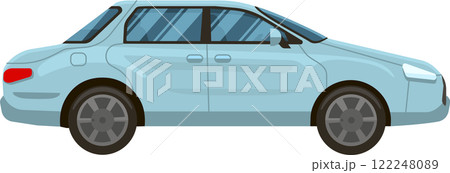 Light blue four door sedan parked on a white background, showcasing a sleek side view. Highlighting modern design elements, this vehicle represents contemporary urban transportation Light blue four door sedan parked on a white background, showcasing a sleek side view. Highlighting modern design elements, this vehicle represents contemporary urban transportation 122248089