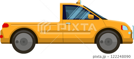 Modern yellow pickup truck showing left side view with two doors and empty trunk is parked on white background, representing transportation, delivery, and urban logistics 122248090
