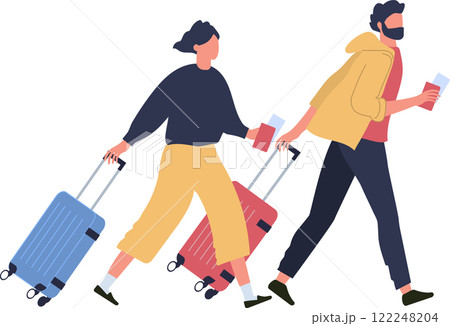 Tourists hurrying through the airport terminal, pulling wheeled suitcases and holding passports, eagerly preparing to board their flight for an exciting journey ahead 122248204