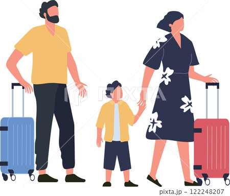 Family with rolling suitcases walking through airport terminal, going on vacation or business trip, parents and child traveling together, modern flat vector illustration Family with rolling suitcases walking through airport terminal, going on vacation or business trip, parents and child traveling together, modern flat vector illustration 122248207