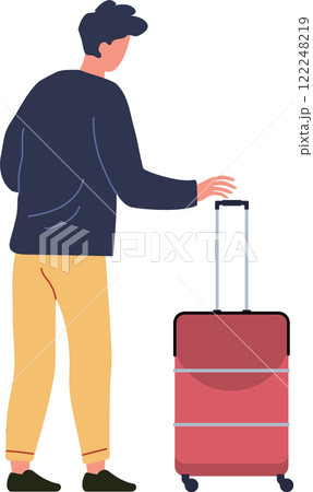Businessman walking with his trolley luggage at the airport terminal, going to boarding gate, business trip or vacation concept, simple flat vector illustration on white background Businessman walking with his trolley luggage at the airport terminal, going to boarding gate, business trip or vacation concept, simple flat vector illustration on white background 122248219