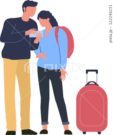 Tourists are looking at smartphone, planning their trip or searching for information, standing next to their trolley luggage at the airport 122248231
