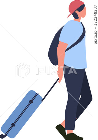 Young male tourist wearing casual clothes and a baseball cap walking with luggage and a backpack at the airport terminal, preparing to board a flight for business or vacation 122248237