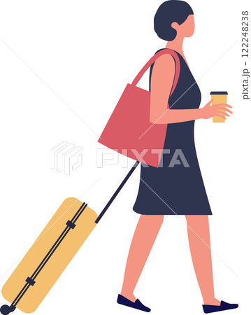 Businesswoman walking with rolling suitcase and holding takeaway coffee at airport terminal, side view of female passenger going to boarding gate, business trip concept 122248238