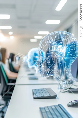 Futuristic ai concept in school or office with digital human brain interfaces and technology. 122248444