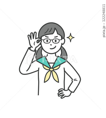 眼鏡を上げてニヤリと笑い自信を見せる女子学生 122248811