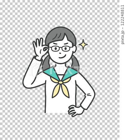 眼鏡を上げてニヤリと笑い自信を見せる女子学生 122248811