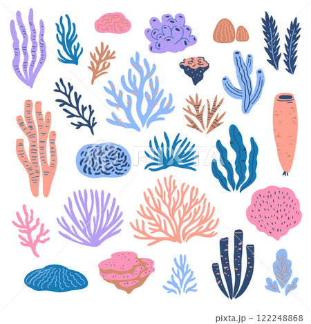 Big set of coral and seaweed isolated design elements. Hand-drawn cute cartoon vector illustration. Big set of coral and seaweed isolated design elements. Hand-drawn cute cartoon vector illustration. 122248868
