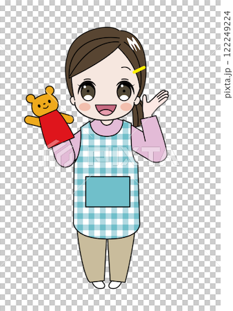 幼兒園老師和幼兒園老師微笑著拿著熊手指木偶的插圖 幼兒園老師和幼兒園老師微笑著拿著熊手指木偶的插圖 122249224