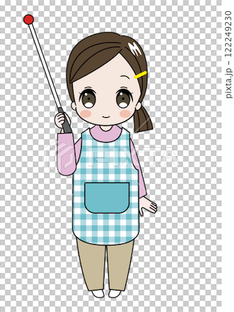 指示棒をもって笑顔で説明している保育士、幼稚園の先生のイラスト 122249230