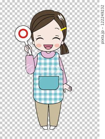 丸のプラカードを挙げている保育士、幼稚園の先生のイラスト 丸のプラカードを挙げている保育士、幼稚園の先生のイラスト 122249232