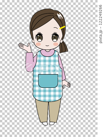 右手をこちらと差し出して案内している保育士、幼稚園の先生のイラスト 122249266