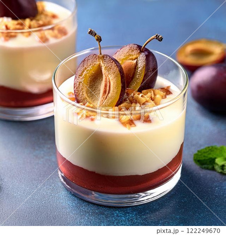 美味しそうな梅と蜂蜜のムースパフェ 122249670