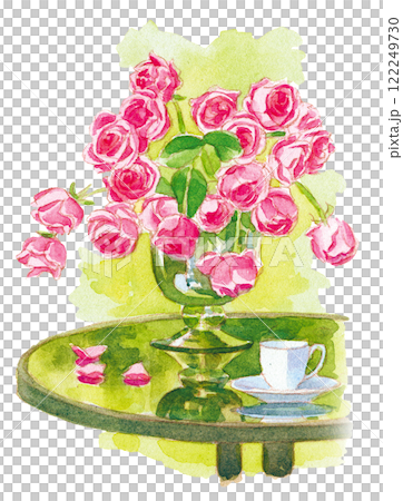 水彩：花瓶に生けた薔薇 122249730