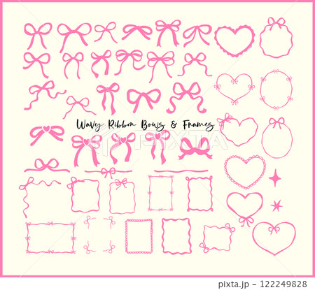 Whimsical Pink Coquette Ribbon Bows and Frames Decorative Wavy Squiggle Hand Drawn set Whimsical Pink Coquette Ribbon Bows and Frames Decorative Wavy Squiggle Hand Drawn set 122249828