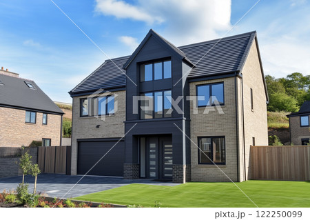 レンガを基調とした高品質でスタイリッシュな新築住宅 庭付き家の外観デザイン20 AI生成画像 レンガを基調とした高品質でスタイリッシュな新築住宅 庭付き家の外観デザイン20 AI生成画像 122250099