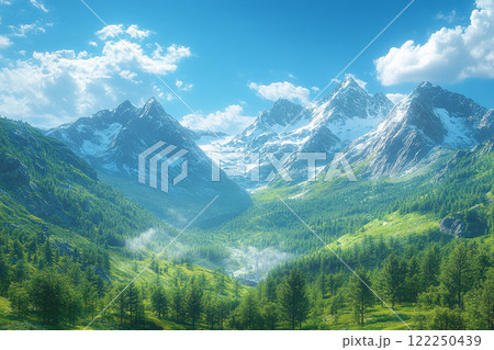 美しい山岳地帯の緑豊かな谷 122250439
