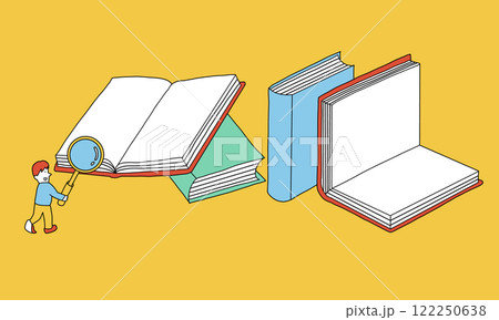 虫眼鏡を持って本の中から情報やコツを探そうとする人物のイラスト 122250638