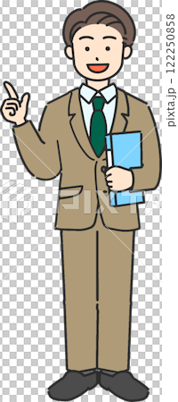 Full-body illustration of a young businessman/teacher holding a file and pointing 122250858