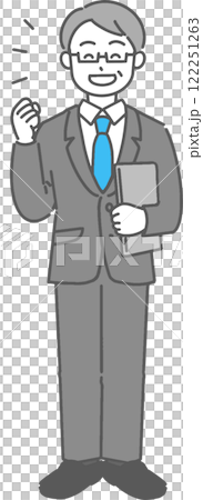 一位資深商人/老師拿著筆記型電腦並打拳頭的全身插圖 122251263