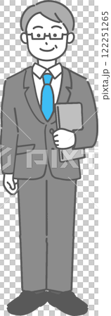ノートパソコンを持って立つベテランのビジネスマン/先生の全身イラスト ノートパソコンを持って立つベテランのビジネスマン/先生の全身イラスト 122251265