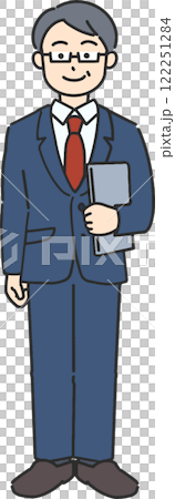 ノートパソコンを持って立っているベテランのビジネスマン／先生の全身イラスト 122251284