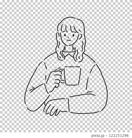 Woman holding a mug, line drawing 122251296