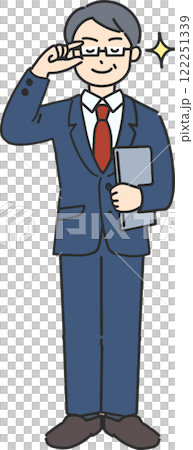 A full-body illustration of a confident veteran businessman/teacher holding a laptop 122251339
